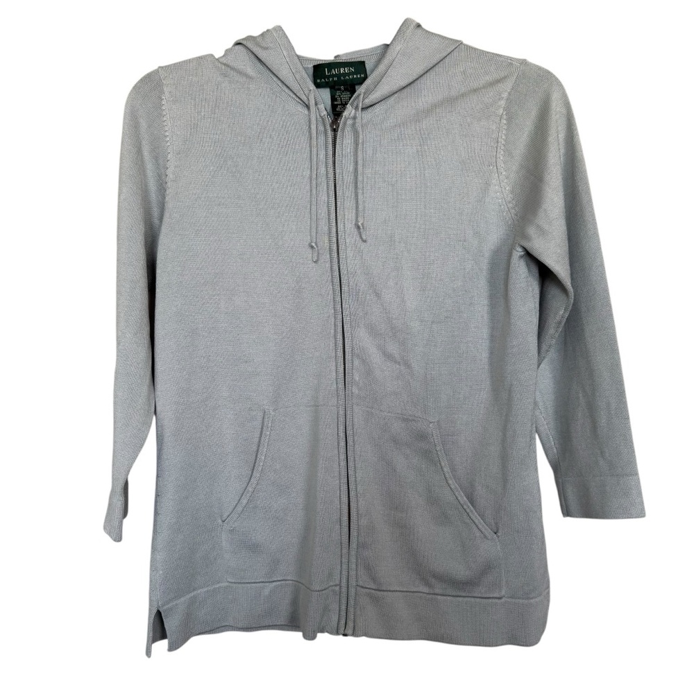Lauren Ralph Lauren Sz S 3/4 Sleeve Zip Up Hooded Silk Blend Sweater Jacket